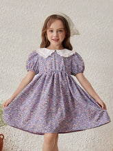 Young Girls Countryside Vacation Colorblock Ditsy Floral Peter Pan Collar Dress
